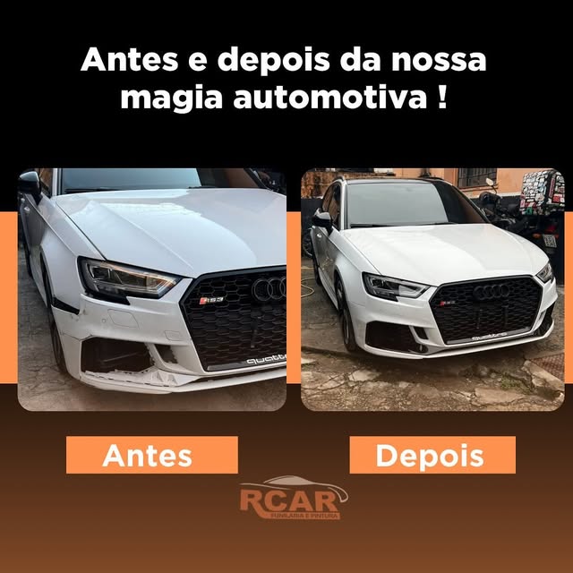 Audi RS3 branco, para-choque antes e depois do reparo da RCAR