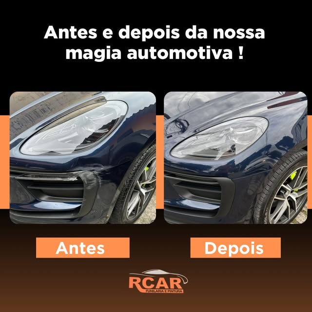 Porsche Macan, para-lama e farol antes e depois do reparo da RCAR