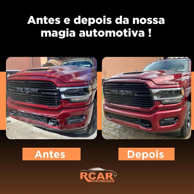 Dodge Ram vermelha, para-choque antes e depois do reparo da RCAR